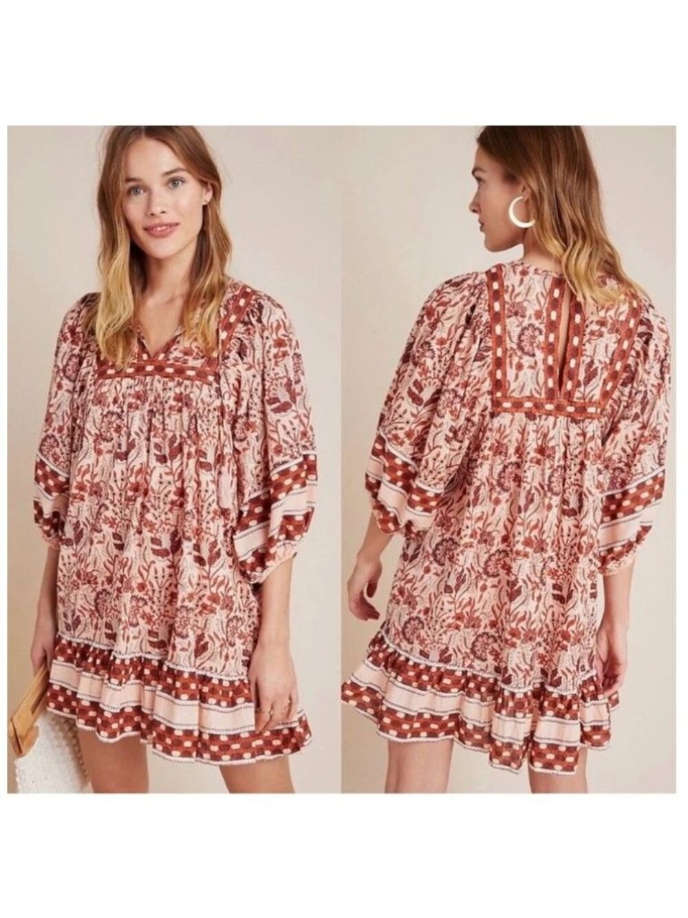 Anthropologie Cleobella Olivia Tunic Dress in Peach & Brown Floral Size Medium